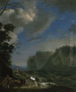 Mountainous Landscape With Herdsman And Cattle On Track by Jan Asselijn