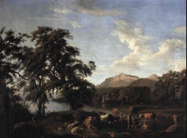 Italianate Landscape With Animals And Boys Bathing - view 1