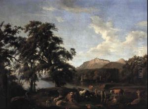 Italianate Landscape With Animals And Boys Bathing by Jan Asselijn