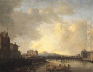 A River Landscape With Many Figures On The Shore, Old Housesto The Left And With A Palace On The Far Bank