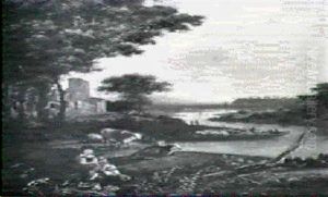A River Landscape With A Peasant Women And A Herdsman On A  Track, A Ferry And Ruin Beyond