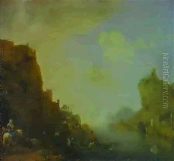 Italianate River Landscape With Travellers And Herdsmen Boarding A Ferry - view 1