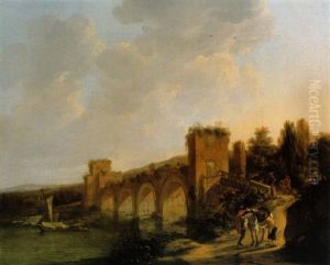 An Italian Landscape With An Ancient Bridge A River With Boats Figures And A Donkey In The Foreground by Jan Asselijn
