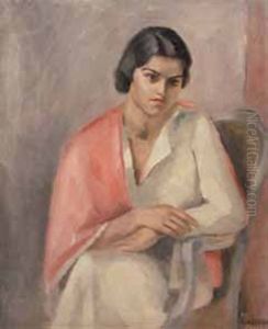Jeune Femme Assise A L'etole Rouge by Maurice Asselin