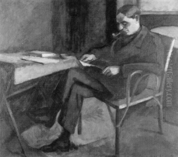 Interieur Mit Lesendem Jungen Mann Auf Einem Stuhl - view 1