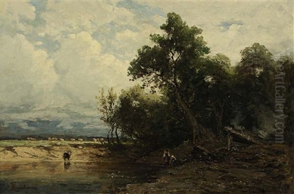 Landschaft Mit Kuhen Am Teich Und Figurenstaffage - view 1