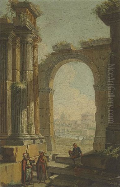 Figures In Oriental Costume Standing In Classical Ruins, The Castel Sant'angelo And Dome Of Saint Peter's Beyond - view 1