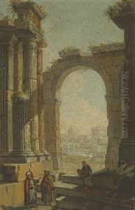 Figures In Oriental Costume Standing In Classical Ruins, The Castel Sant'angelo And Dome Of Saint Peter's Beyond by Gioacchino Assereto