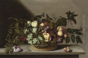 A Still Life Of Grapes, Cherries, Peaches And Other Fruit In A Basket, With A Rose And A Dragonfly On A Stone Ledge by Bartholomeus Assteyn
