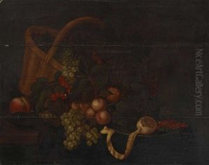 Stillleben Mit Fruchten, Korb, Einem Weinglas Und Einem Zinnteller Mit Garnelen Und Zitrone by Bartholomeus Assteyn