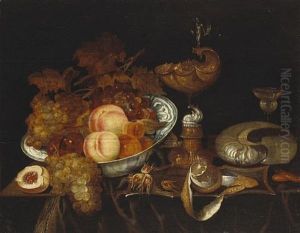A Still Life Of Fruit In A Blue And White Bowl, A Ewer, A Goblet, A Partially-peeled Lemon And A Nautilus Shell, All Resting On A Partially Draped Table by Bartholomeus Assteyn
