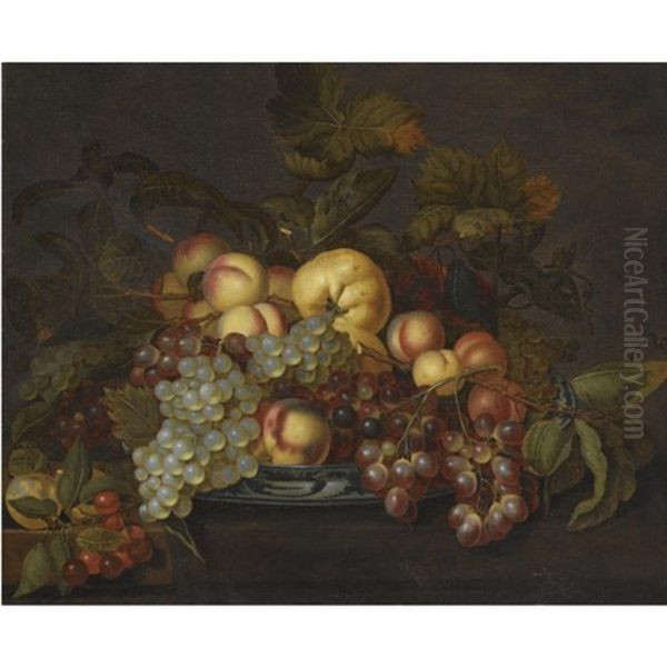 A Still Life With Grapes, Peaches And Other Fruit In A Porcelain Dish On A Partially-draped Table - view 1