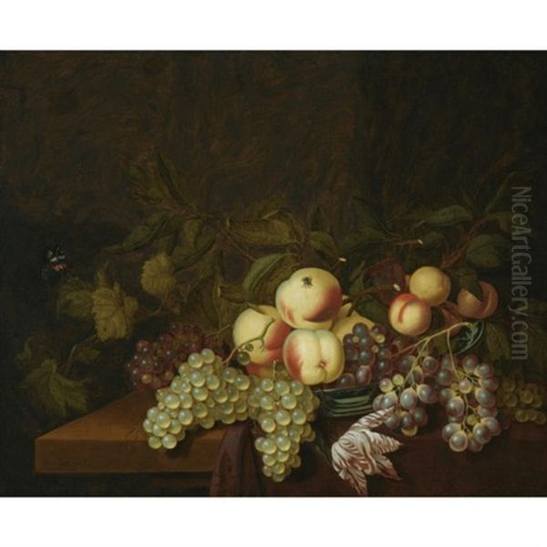 Still Life Of Peaches And Grapes In A Wan-li Porcelain Bowl, Together With A Butterfly, All Arranged On A Table Partly Draped With A Red Cloth - view 1