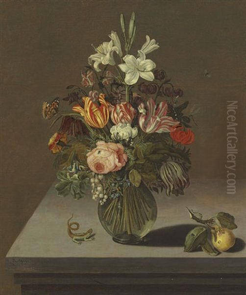 Roses, Tulips, Lilies And Other Flowers In A Glass Vase On A Stone Ledge - view 1