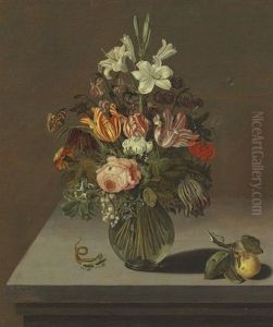 Roses, Tulips, Lilies And Other Flowers In A Glass Vase On A Stone Ledge by Bartholomeus Assteyn