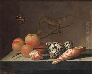Peaches And Shells On A Stone Ledge With A Red Admiral Butterfly by Bartholomeus Assteyn