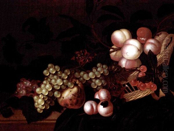 A Still Life Of Peaches, Cherries, Grapes And Apples In A Basket, All Resting On A Partially Draped Ledge - view 1