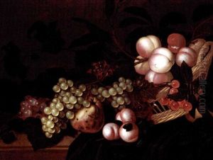A Still Life Of Peaches, Cherries, Grapes And Apples In A Basket, All Resting On A Partially Draped Ledge