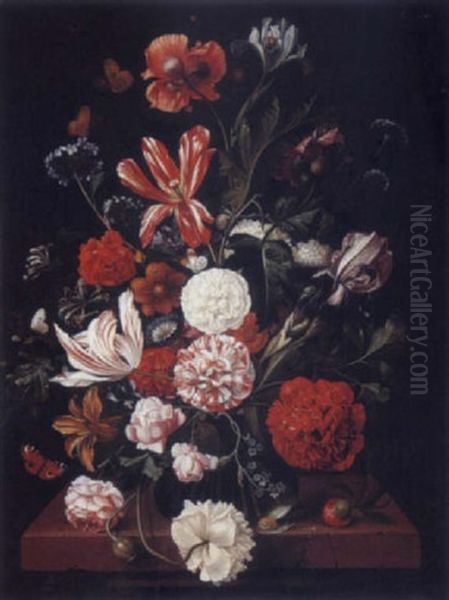 Fleurs Dans Un Vase Et Papillons Rouges, Sur Un Entablement - view 1