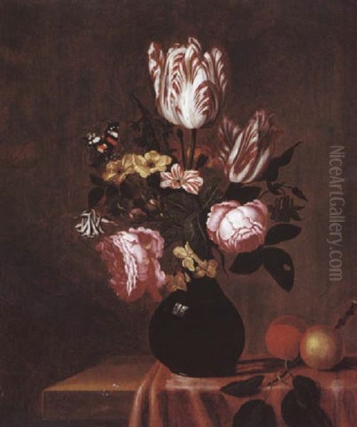 Nature Morte De Fleurs Avec Tulipes, Roses, Hyacinthes... Et Un Papillon Rouge, Sur Un Entablement - view 1