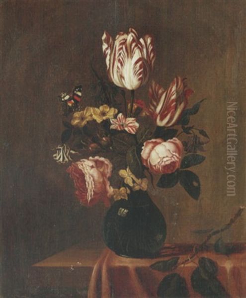 A Still Life Of Tulips, Roses, Hyacinths And Other Flowers, With A Red Admiral Butterfly, Arranged Upon A Table - view 1