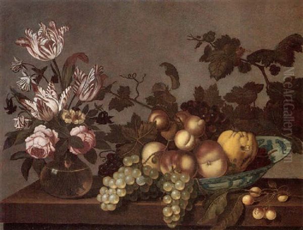 Still Life Of Peaches, Grapes And A Pear In A Porcelain Bowl, Together With Variegated Tulips And Roses In A Glass Vase, Upon A Stone Ledge - view 1
