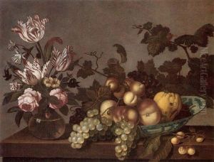 Still Life Of Peaches, Grapes And A Pear In A Porcelain Bowl, Together With Variegated Tulips And Roses In A Glass Vase, Upon A Stone Ledge by Bartholomeus Assteyn