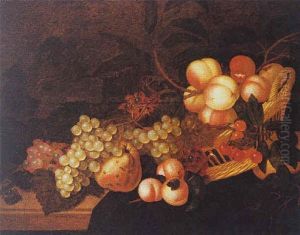A Still Life Of Peaches, Cherries, Grapes And Prunes In A Basket, All On A Wooden, Partially Draped Ledge
