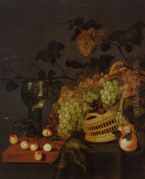 A Basket Of Grapes, A Roemer And Cherries On A Partly Draped Ledge - view 1