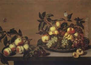 Grapes, Peaches On A Waanli Kraak Porselein Plate, With Other Fruit On A Ledge, And A Large White And A Tortoiseshell Butterfly
