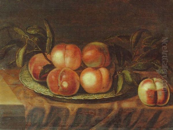 Peaches On A Porcelain Dish, On A Partly Draped Ledge - view 1