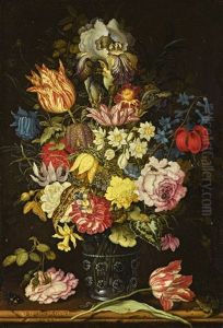 Still Life Of Flowers In A Glass Beaker On A Stone Ledge, Together With Insects And A Lizard by Balthasar Van Der Ast