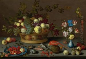 Large Still Life With Fruit On A Delft Plate, Seashells, Insects, Flowers In A Wanli Vase And Two Parrots by Balthasar Van Der Ast