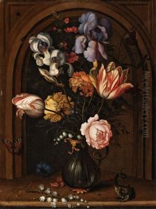 A Vase Of Flowers In A Niche With A Butterfly, Fly, Dragonfly And A Lizard by Balthasar Van Der Ast