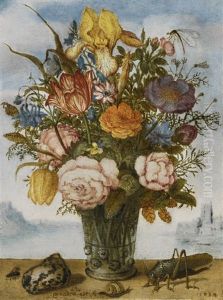 Flower Bouquet On A Ledge, Together With A Shell And A Grasshopper, A Panoramic Landscape Beyond