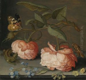 Roses With A Butterfly And A Grasshopper, Together With Forget-me-nots, Primroses And A Sand Lizard On A Stone Ledge