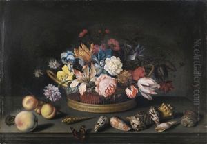 Nature Morte A La Corbeille De Fleurs Avec Fruits Et Coquillages by Balthasar Van Der Ast