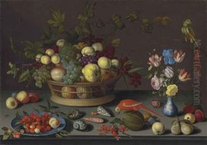 Grapes And Other Fruit In A Basket, Cherries And A Peach On A Delft Plate, Tulips, Irises And Other Flowers In A Wan-li Vase, Shells, And Other Fruit On A Stone Table, With Parrots by Balthasar Van Der Ast