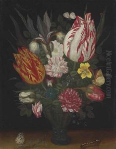 Tulips, Carnations, An Iris, A Dog Rose, A Cyclamen, Roses, A Pansy And Other Flowers In A Roemer With A Caterpillar And A Butterfly