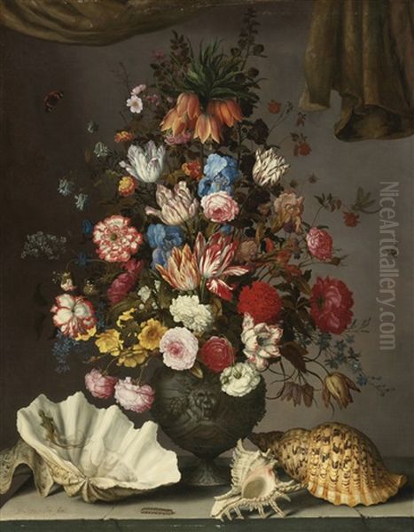 A Crown Imperial Lily, Tulips, Irises, Roses, Carnations, Aquilegia, Fritillaries And Other Flowers In A Sculpted Urn, With Seashells On A Stone Ledge, A Lizard, A Caterpillar, Red Admirals, A Dragonfly And A Bee, A Curtain Draped Above - view 1