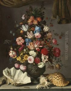 A Crown Imperial Lily, Tulips, Irises, Roses, Carnations, Aquilegia, Fritillaries And Other Flowers In A Sculpted Urn, With Seashells On A Stone Ledge, A Lizard, A Caterpillar, Red Admirals, A Dragonfly And A Bee, A Curtain Draped Above