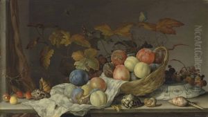 Plums And Peaches In A Woven Basket Leaning On A Wan-li Porcelain Bowl, With Grapes, Cherries, Shells, A Lizard, A Dragonfly And Other Insects, On A Stone Ledge by Balthasar Van Der Ast