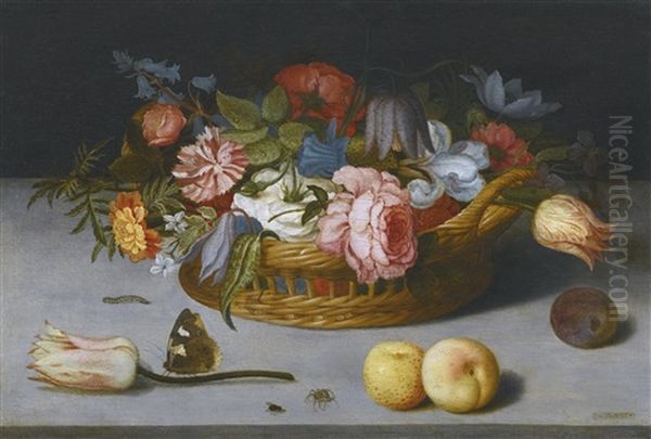 Still Life With Roses, Tulips, Irises And Other Flowers In A Wicker Basket, With Fruit And Insects On A Ledge - view 1