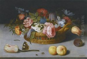 Still Life With Roses, Tulips, Irises And Other Flowers In A Wicker Basket, With Fruit And Insects On A Ledge
