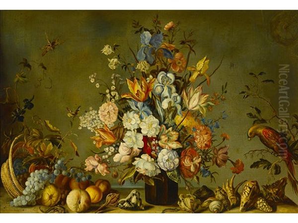 A Still Life With A Vase Of Flowers, A Basket Of Fruit, Sea Shells And A Parrot by Balthasar Van Der Ast