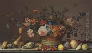 Parrot Tulips, Carnations, Columbine, Marigolds And Other Flowers In A Woven Basket, With Shells, Peaches, Cherries, Cranberries...