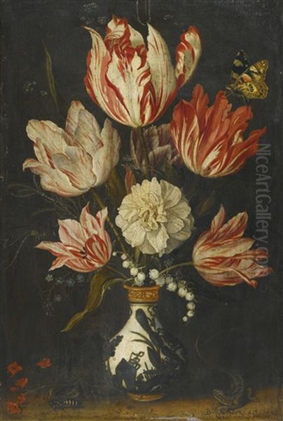 Still Life Of Variegated Tulips In A Ceramic Vase, With A Wasp, A Dragonfly, A Butterfly And A Lizard - view 1
