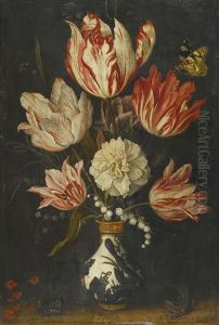 Still Life Of Variegated Tulips In A Ceramic Vase, With A Wasp, A Dragonfly, A Butterfly And A Lizard by Balthasar Van Der Ast