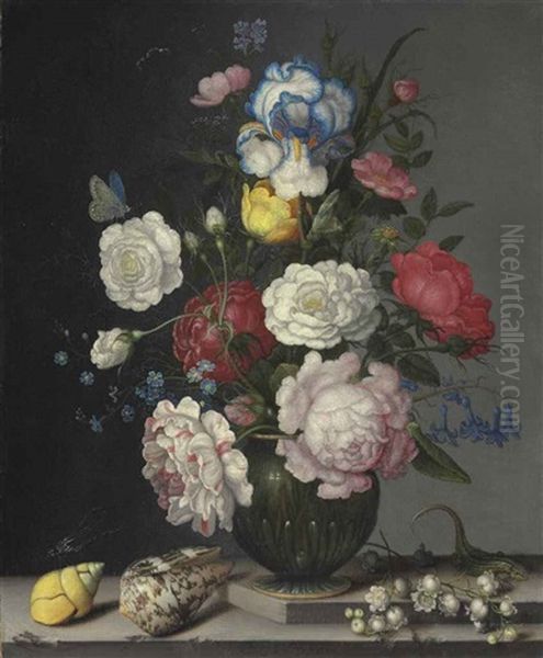 Roses, Anemone, Iris, Hyacinth, Lily Of The Valley, And Forget-me-nots, With Insects, Shells And A Lizard On A Stone Ledge - view 1