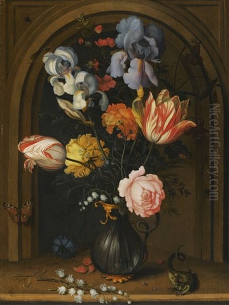 Still Life Of Irises, Columbines, Tulips, Roses And Lily Of The Valley In A Glass Vase Flanked By A Lizard And A Butterfly - view 1